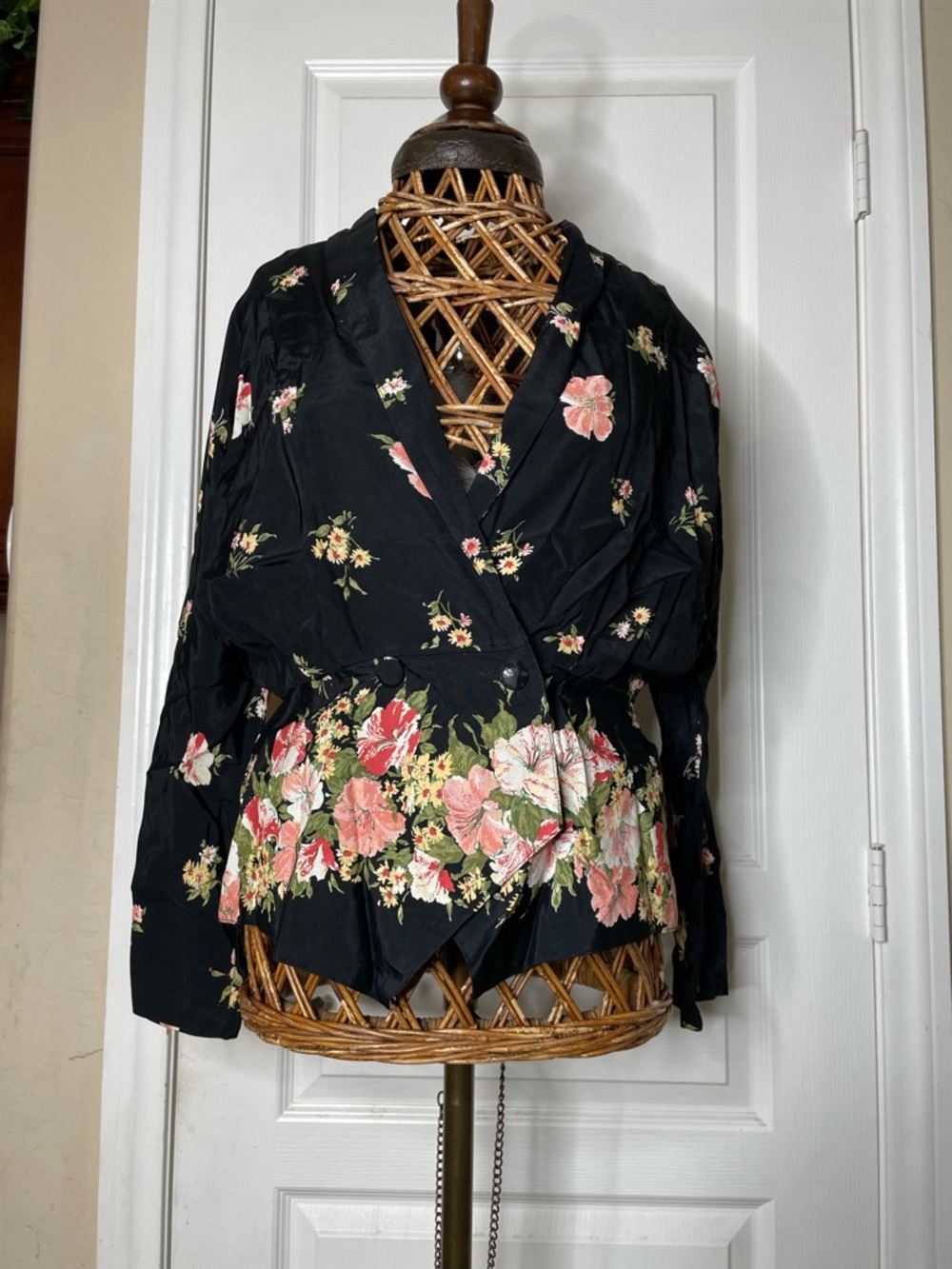 Black Floral Wrap Blouse with Peplum Hem